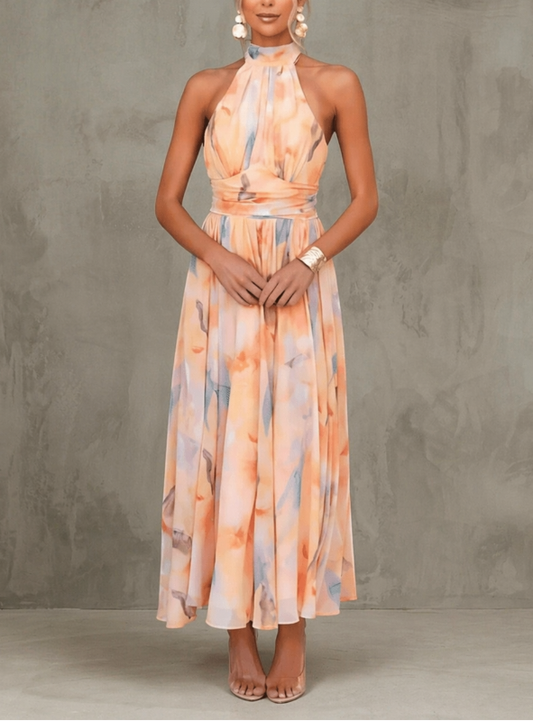 Esther | Dress with Watercolour Print and Halter Neckline